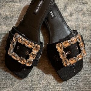 Nine West Black Denim Embellished Women's Sandals